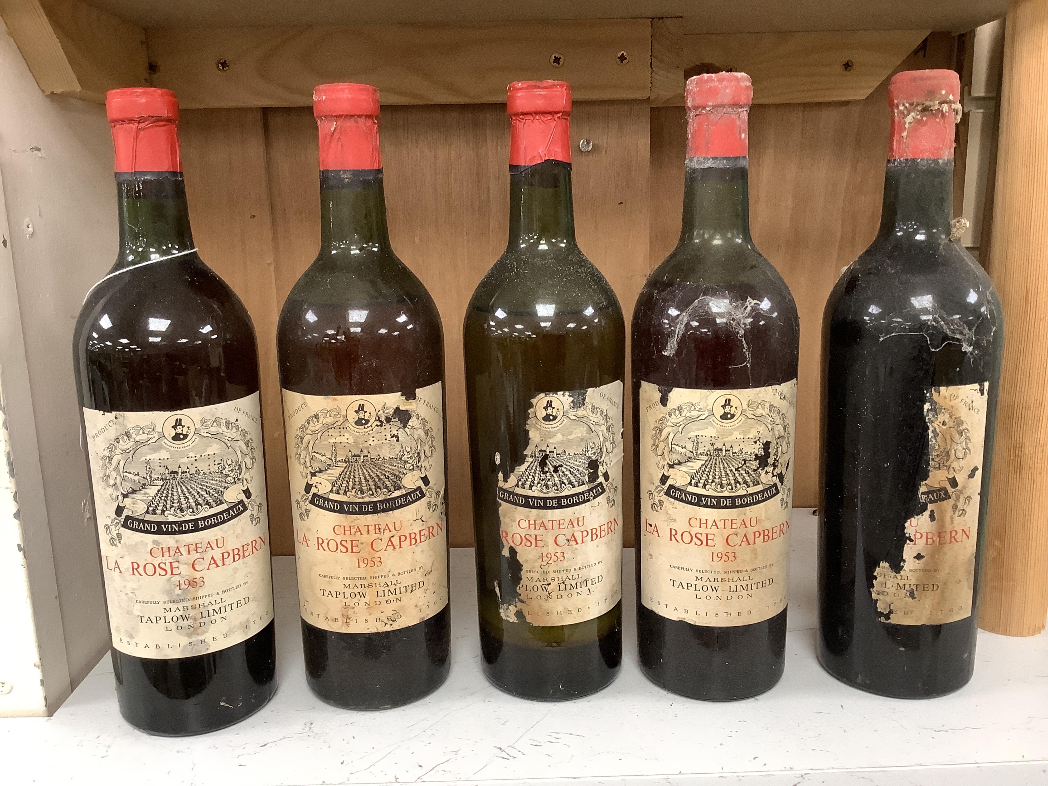 Fifteen bottles of wine and fortified wine, including; a Sandeman 1963 port, four bottles of Chateau La Rose Capbern 1953, a 1976 Madiran Cuvee de la Confrerie, etc. Condition - poor to fair, storage history unknown